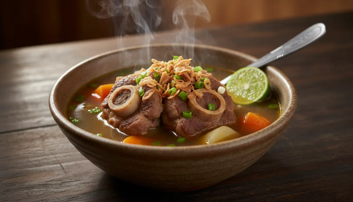 Sop Buntut Indonesiano (Zuppa di Coda di Bue) con Scalogni Fritti