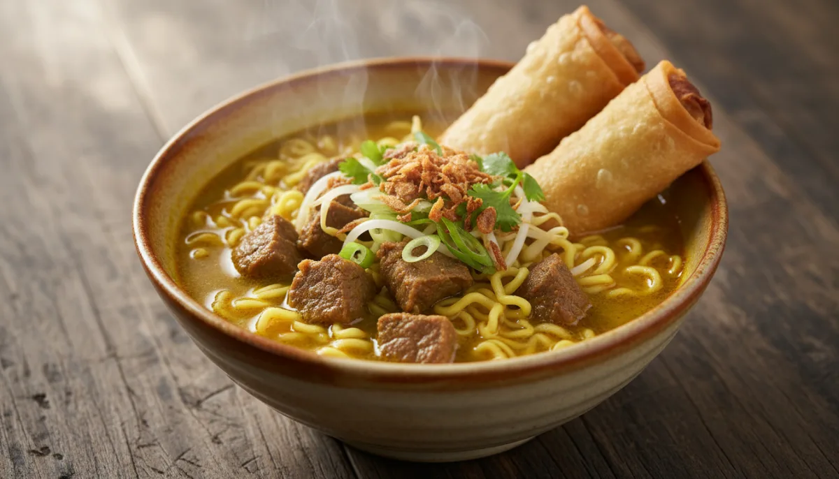 Soto Mie Indoneziane me Mish Viçi dhe Rrula Pranverore Krokante