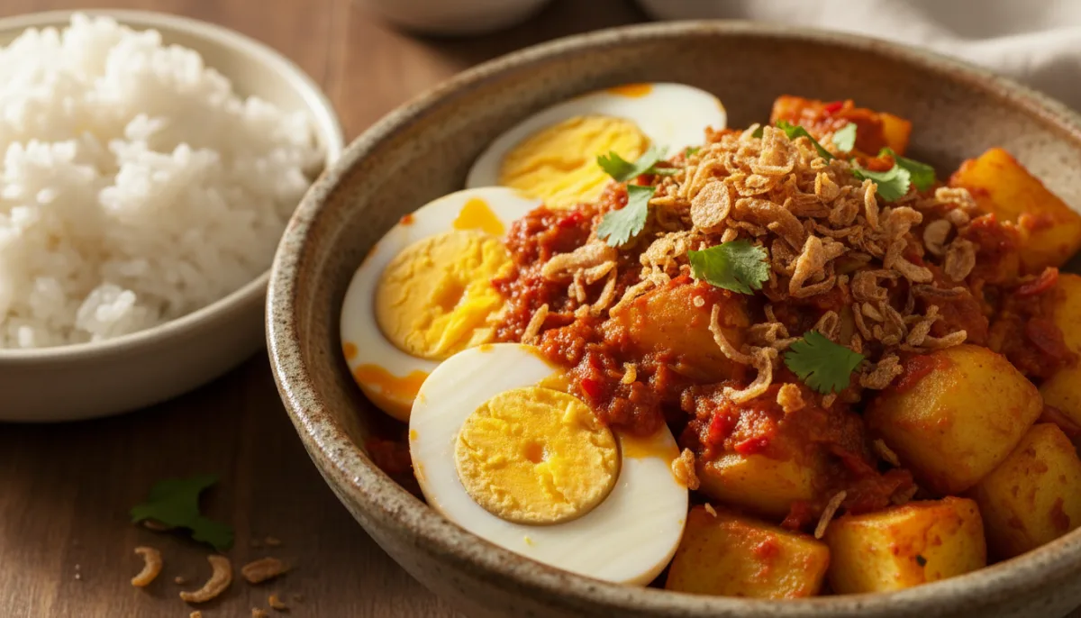 Balado pikant indonezian me vezë dhe patate (Telur Balado Kentang)