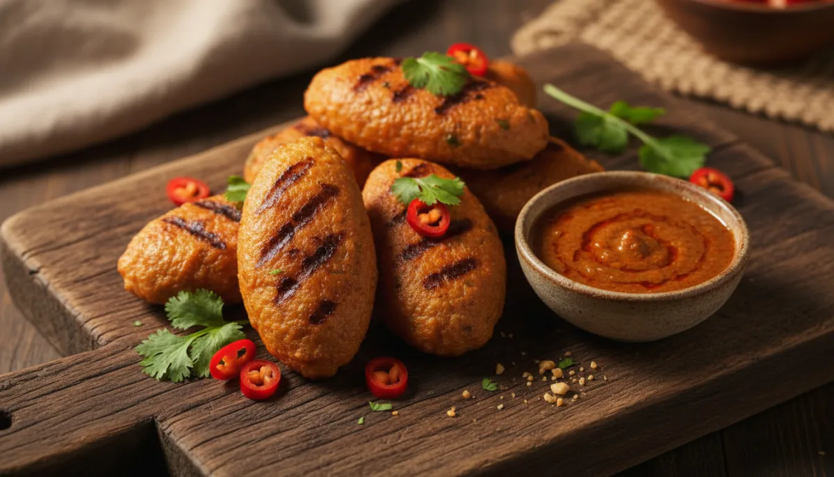 Kroketa Peshku Pikante Indoneziane me Salcë Kikiriku (Otak-Otak Ikan)