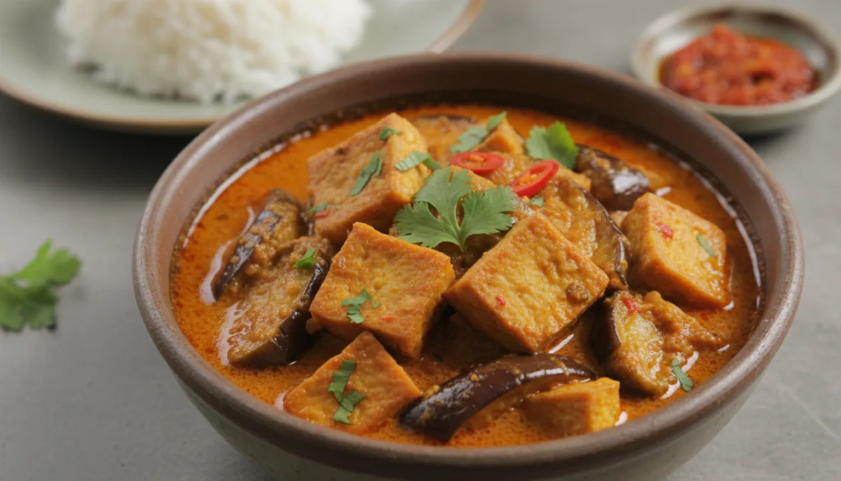 Gulai Tahu Terong (Kari Pikant Indonezian me Tofu dhe Patëllxhan)