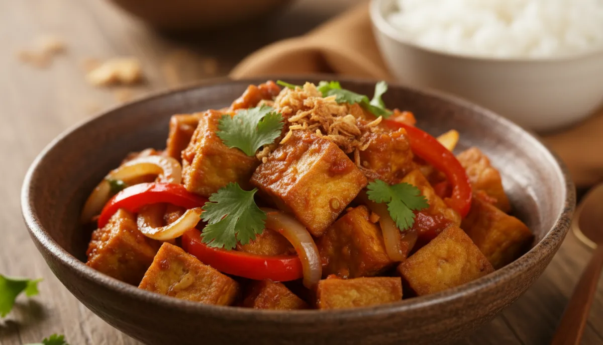 Tavë Tofu dhe Tempeh Indoneziane me Salcë Pikante Sambal (Tumis Tahu Tempe Sambal)