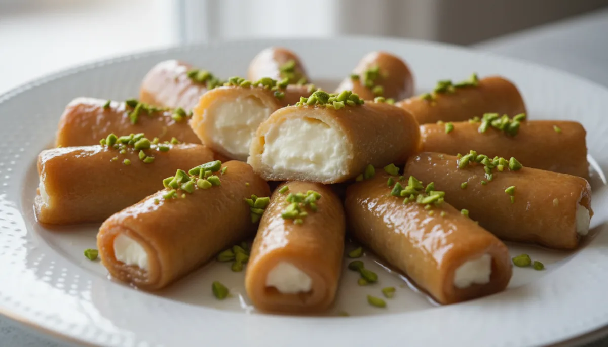 Iraqi Halawet el Jibin (Sweet Cheese Rolls) with Pistachios and Rosewater Syrup