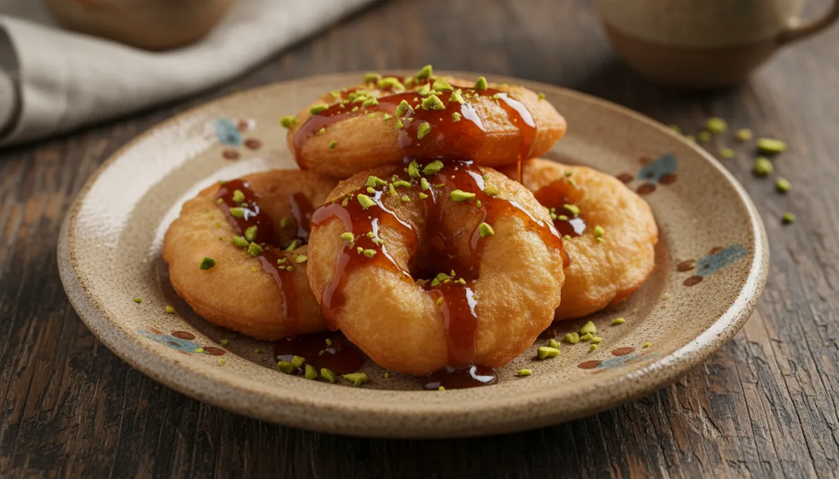 Iraqi Kahi (Cream Fritters) with Date Syrup and Pistachios