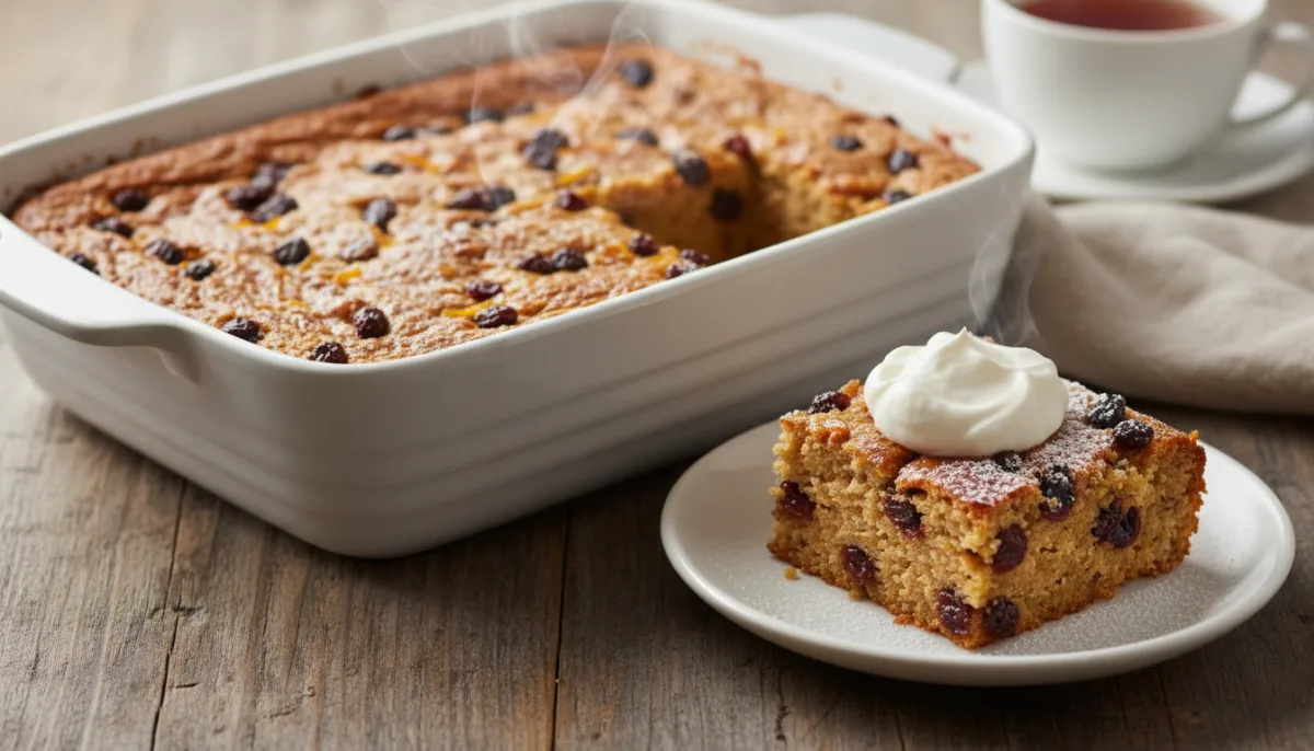Irish Barmbrack Bread Pudding with Orange Zest and Cream