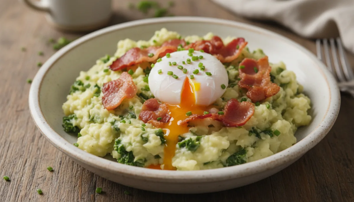 Colcannon Irlandez me Proshutë Krokante dhe Vezë të Zier