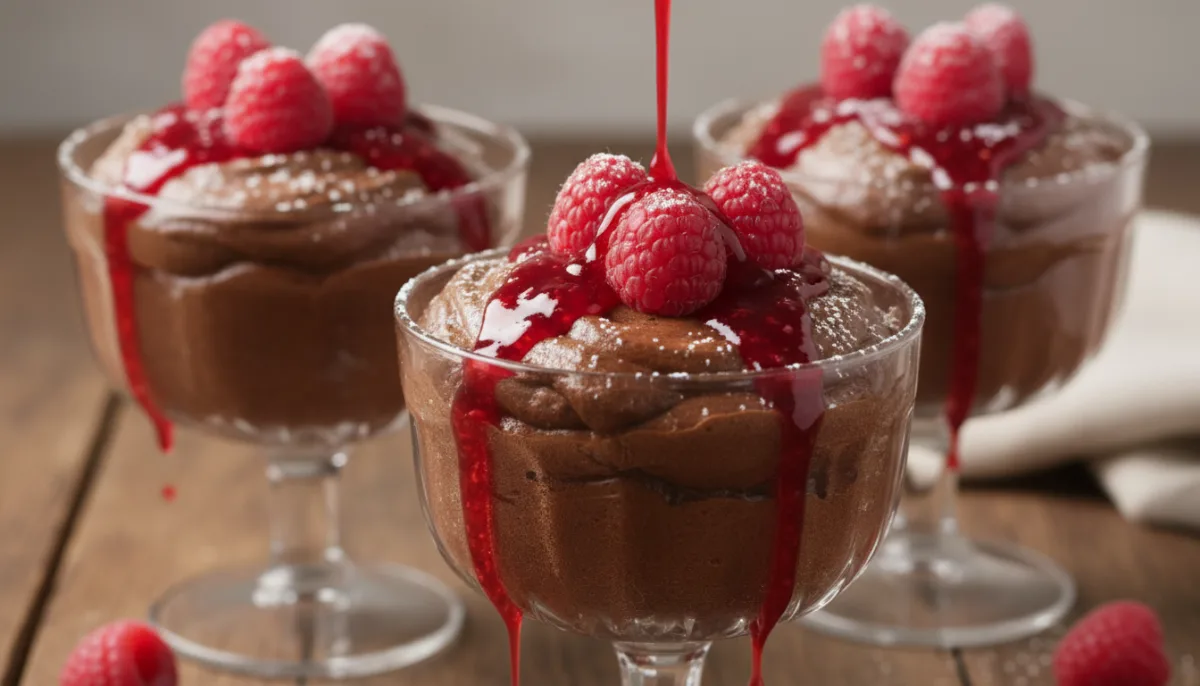 Mousse de Chocolate com Creme Irlandês e Coulis de Framboesa