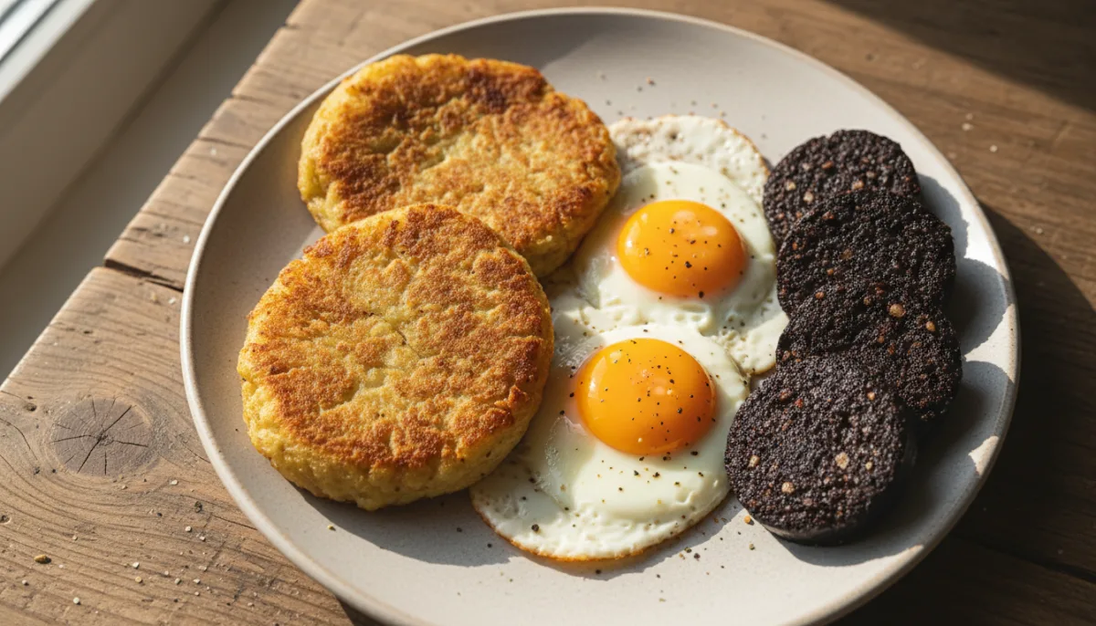 Traditional Irish Potato Farls with Fried Eggs and Black Pudding