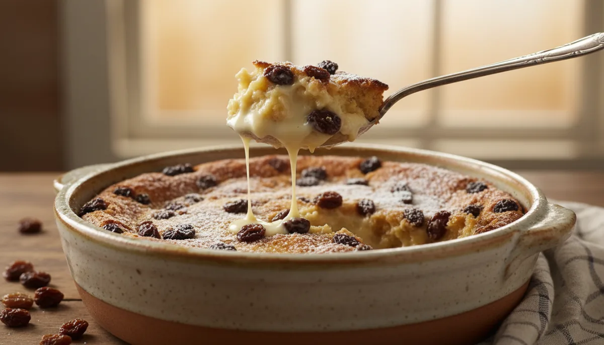 Hearty Irish Soda Bread Pudding with Raisins and Vanilla Custard