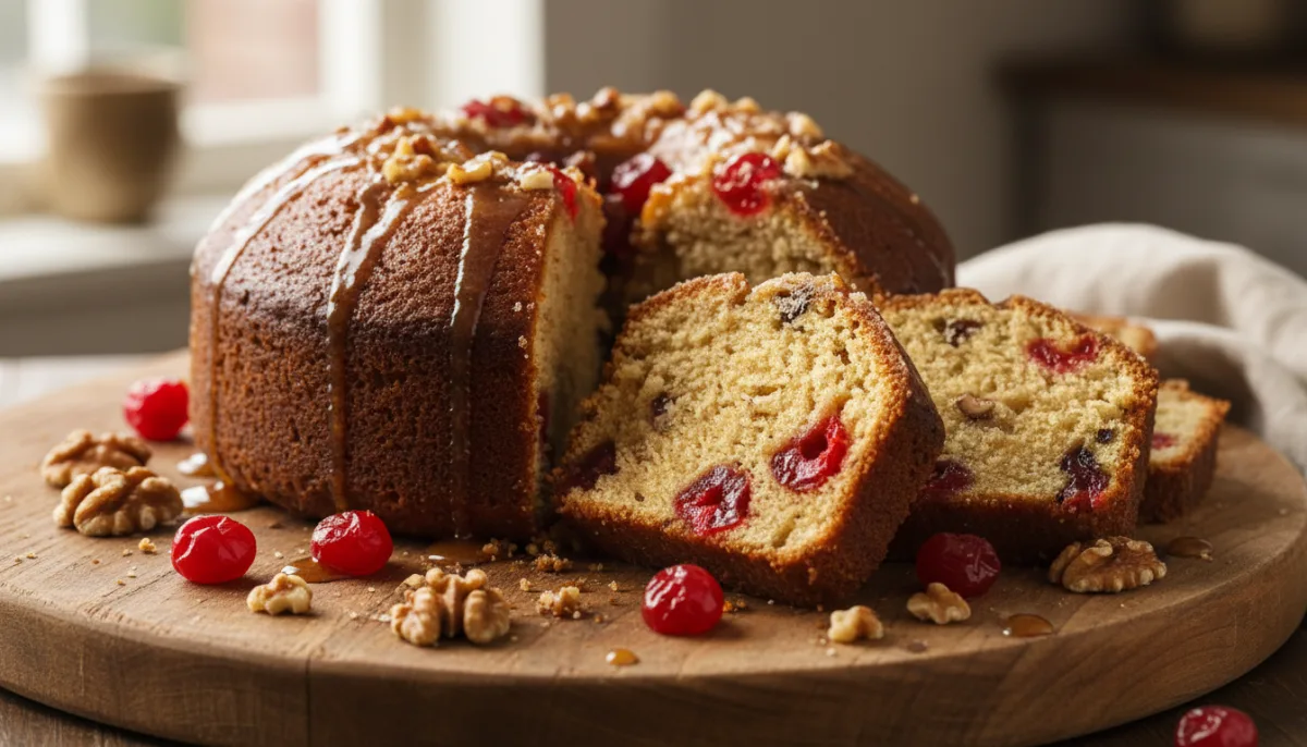 Irish Whiskey Cake with Glazed Cherries and Walnuts