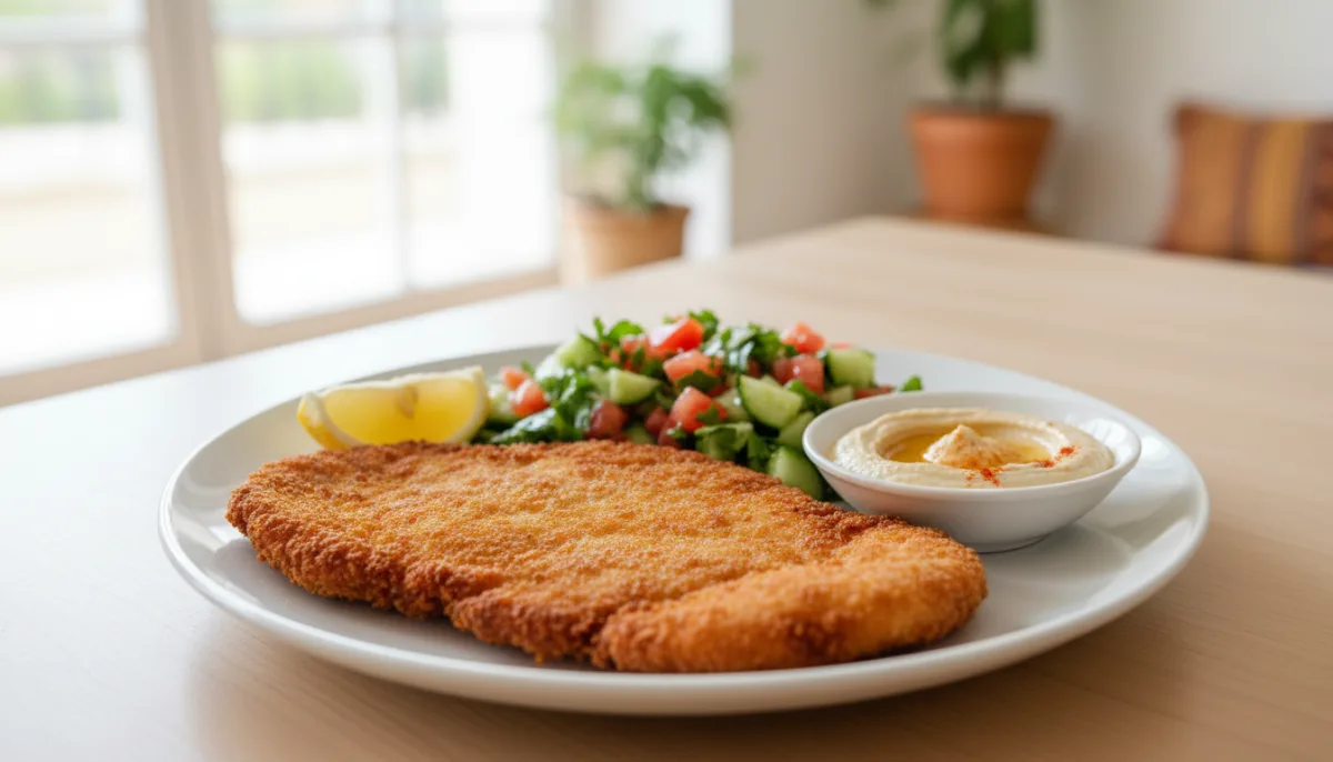 Israeli Chicken Schnitzel with Israeli Salad and Hummus