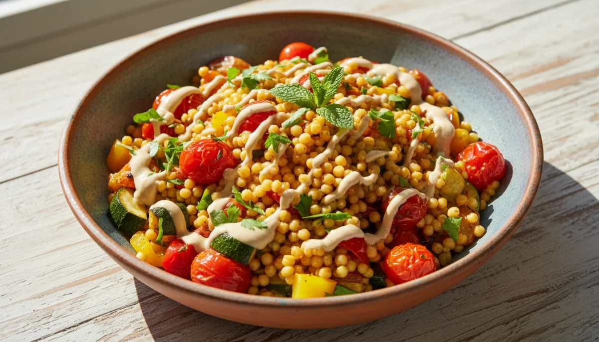 Pearl Couscous Salad with Roasted Vegetables and Tahini Dressing
