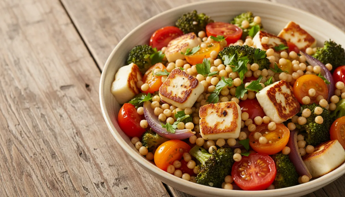 Toasted Israeli Couscous with Roasted Seasonal Vegetables and Pan-Seared Halloumi
