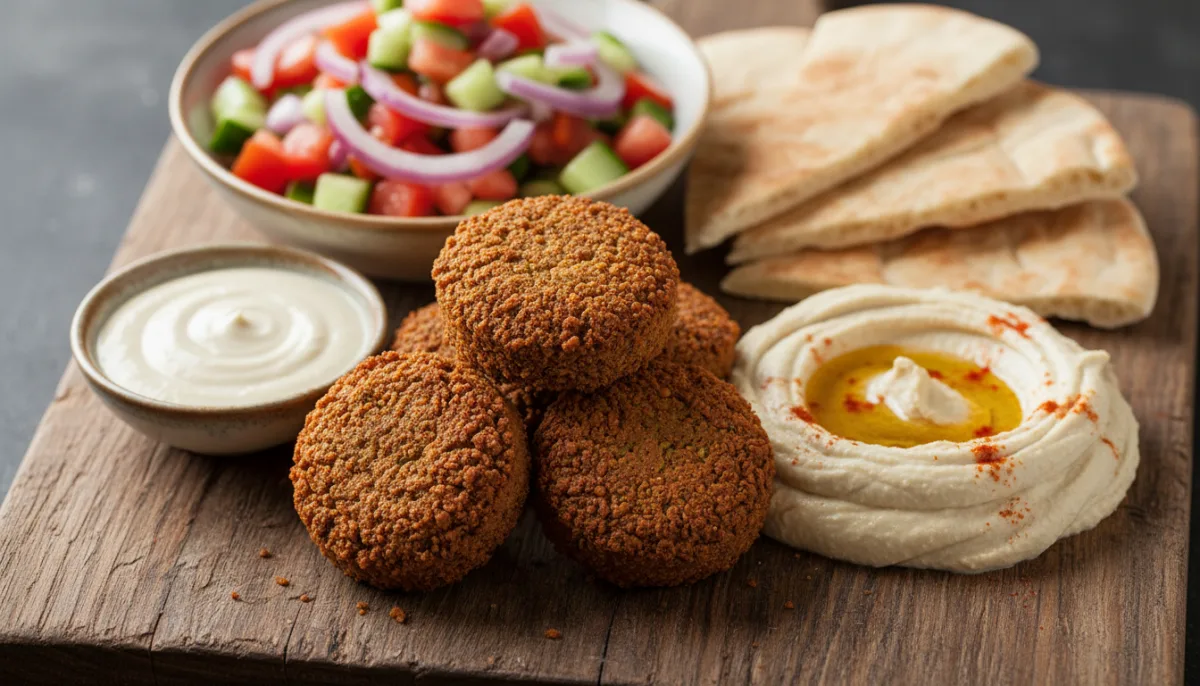 Israelische Falafel-Platte mit Hummus, Tahini und israelischem Salat