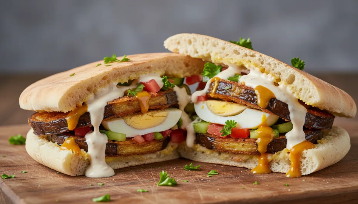 Israelisches Sabich-Sandwich mit gebratener Aubergine, hartgekochtem Ei und Amba-Sauce