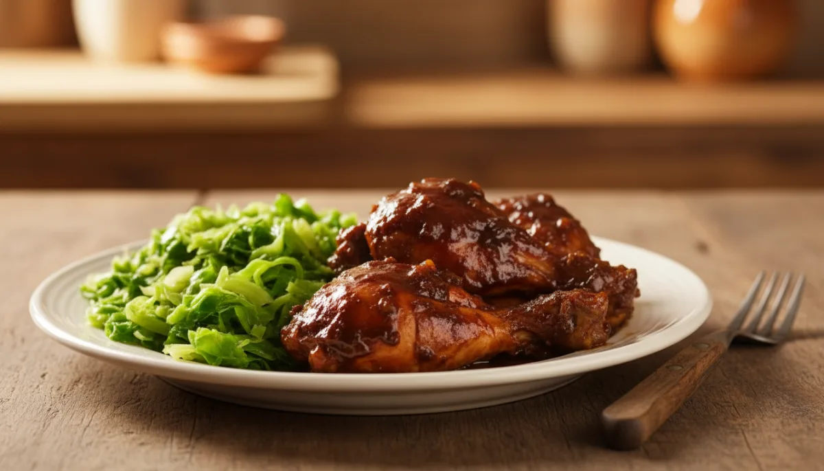 Jamaican Brown Stew Chicken with Steamed Cabbage