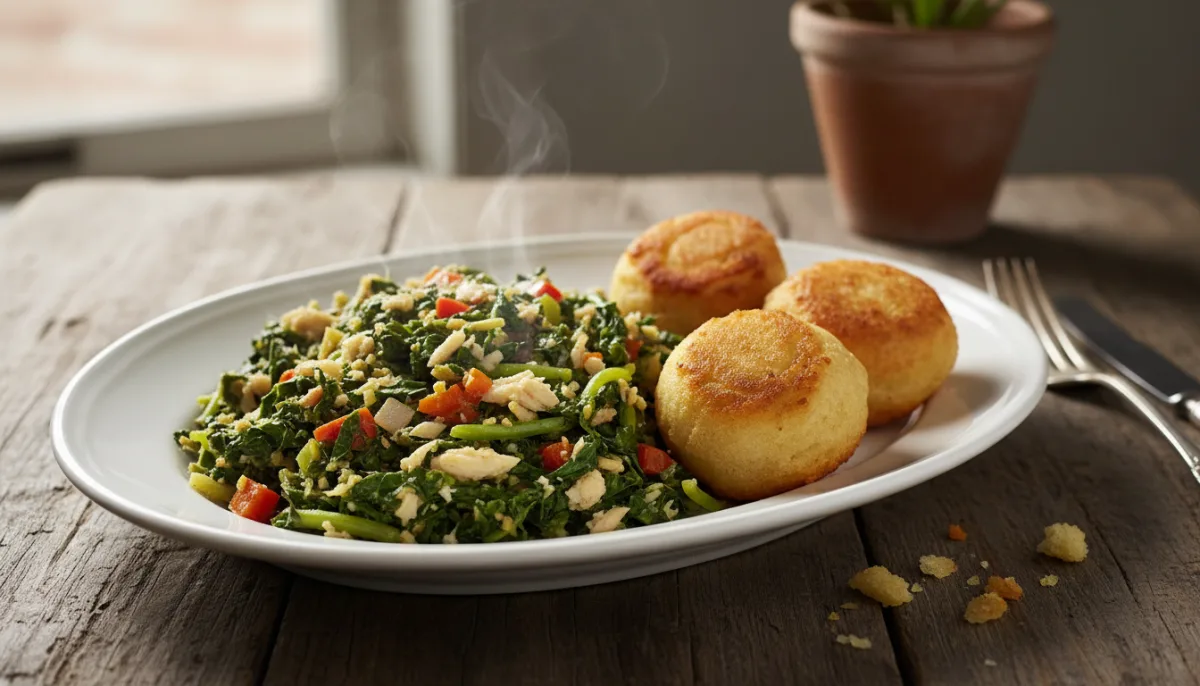 Jamaican Callaloo and Saltfish with Crispy Fried Dumplings