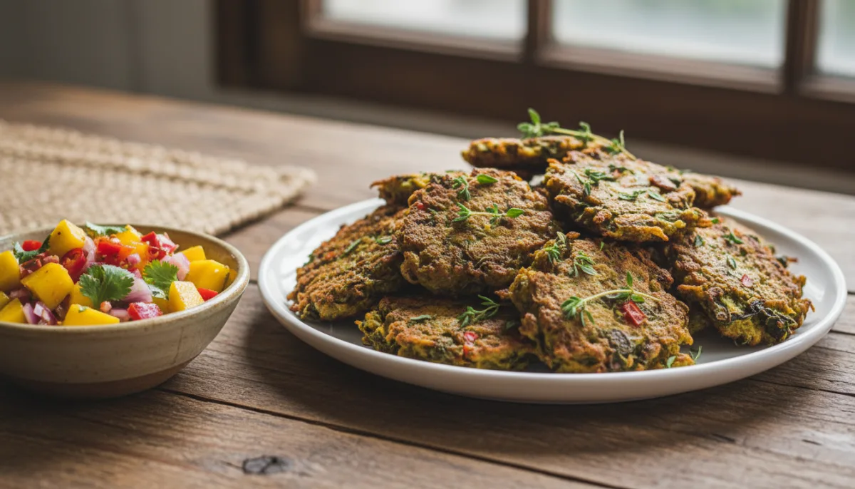 Jamaican Callaloo Fritters with Spicy Mango Salsa
