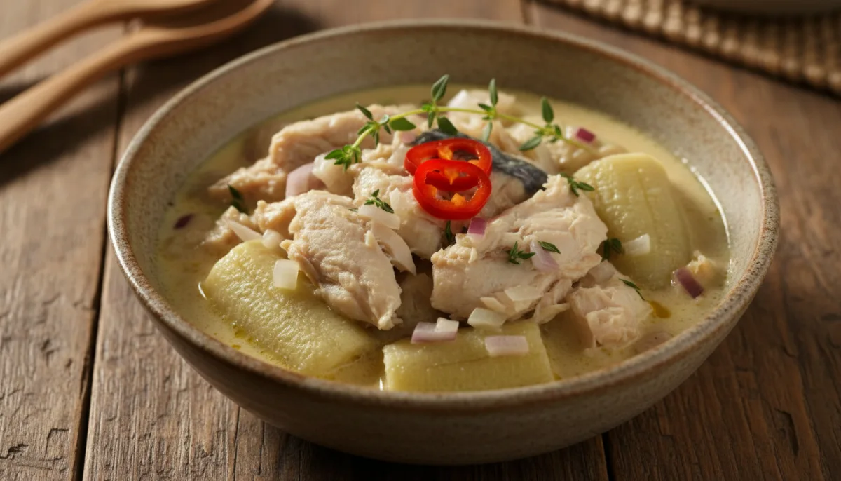 Jamaican Run Down with Mackerel and Boiled Bananas