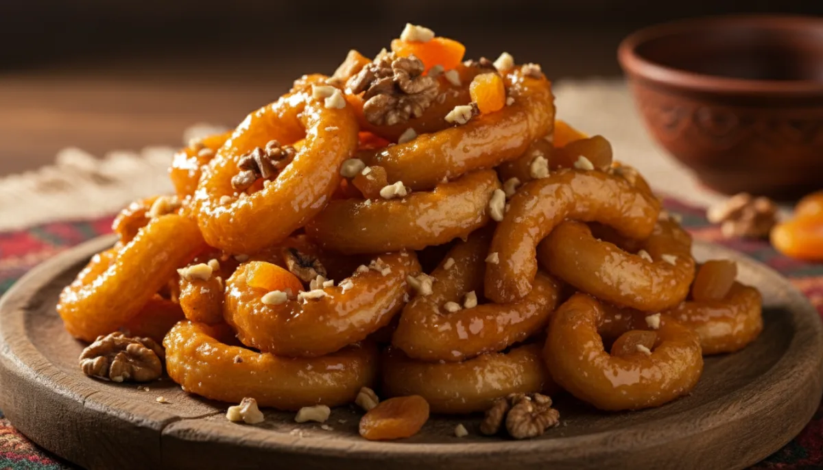 Kazakh Chak-Chak (Honey Cake) with Walnuts and Dried Apricots