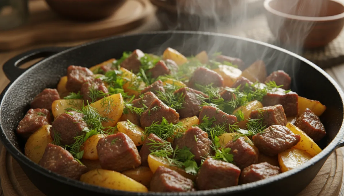 Kasachisches Kuurdak (Gebratenes Fleisch und Kartoffeln) mit frischen Kräutern