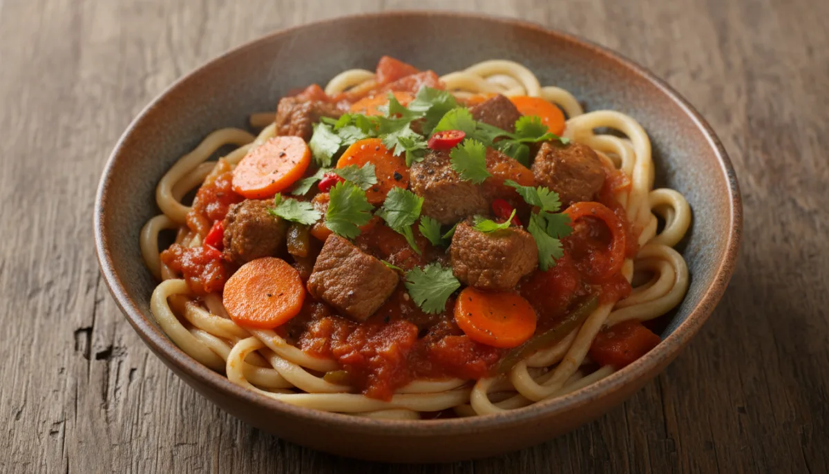 Kazakh Laghman: Hand-Pulled Noodles with Spiced Lamb and Vegetable Stew