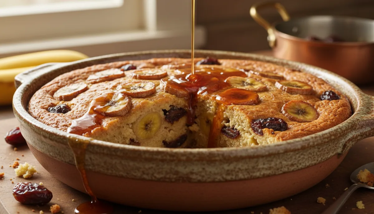 Kenyan Banana and Date Bread Pudding with Spiced Rum Sauce