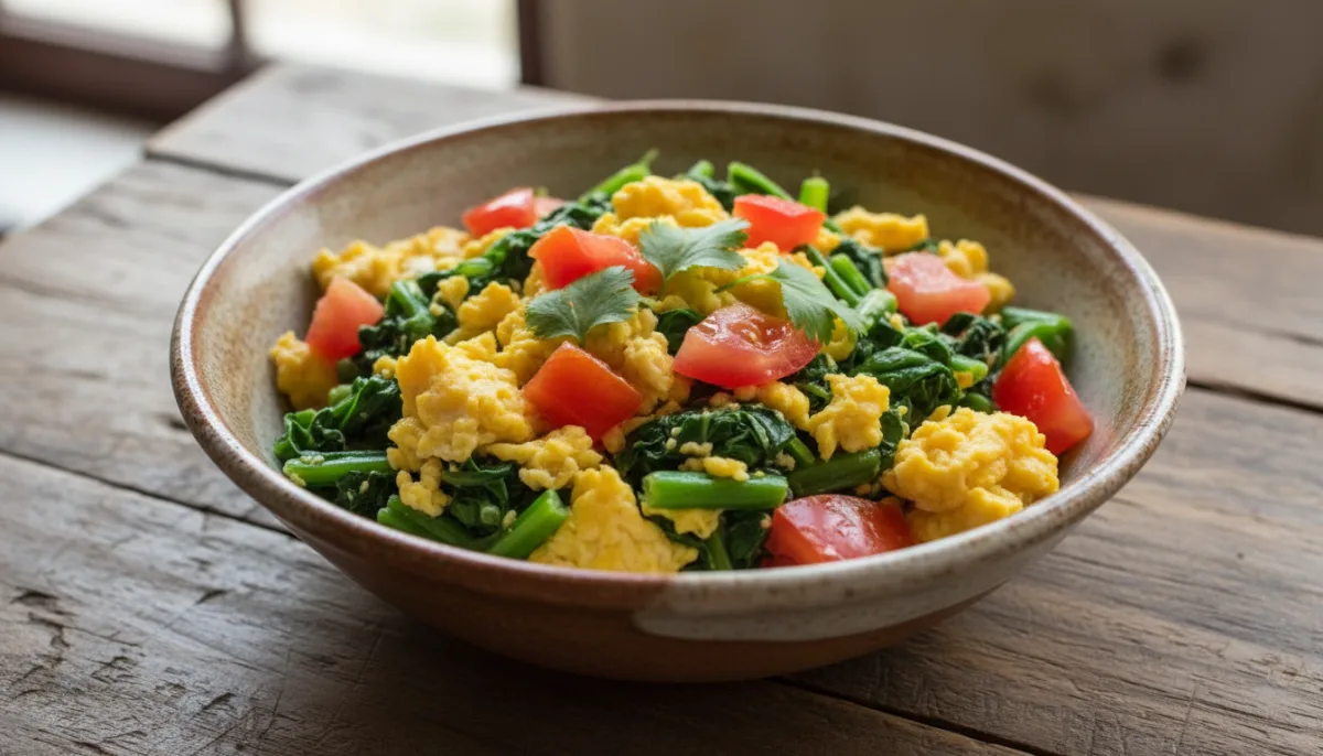 Hearty Kenyan Scrambled Eggs with Sukuma Wiki and Tomatoes