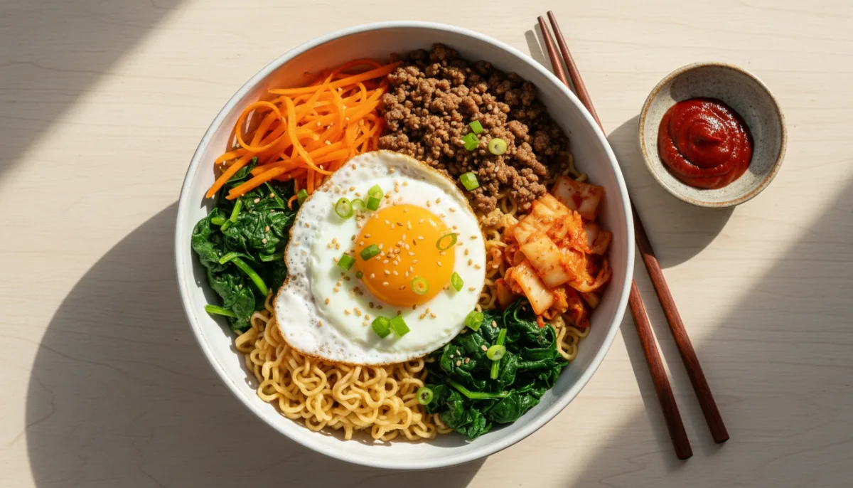 Tas me Makaronash i Frymëzuar nga Bibimbap Korean