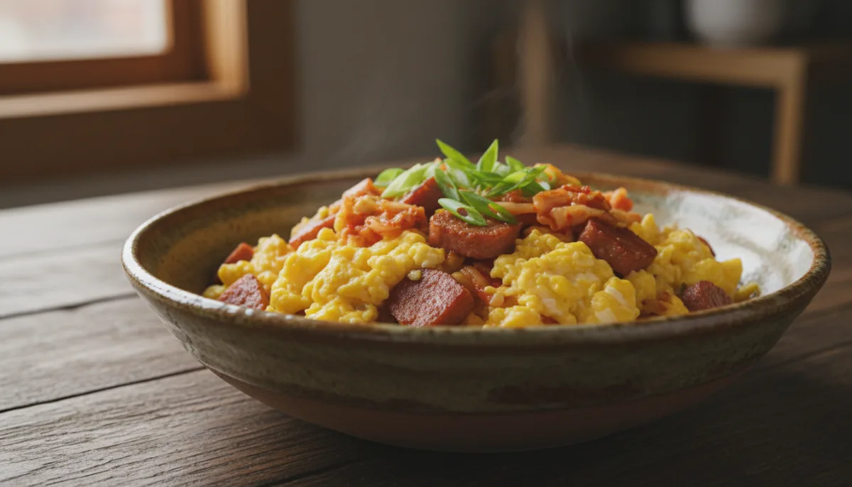 Uova strapazzate coreane con Kimchi e Spam