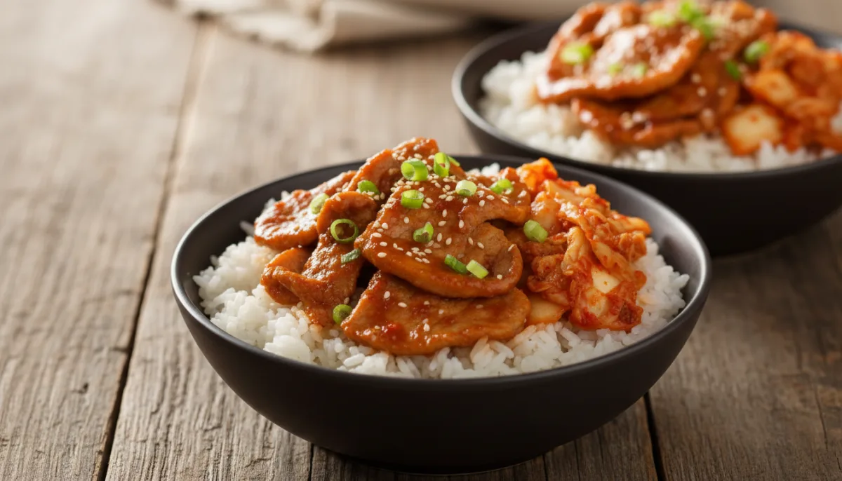 Tas me Oriz, Mish Derri pikant dhe Kimchi sipas Koresë
