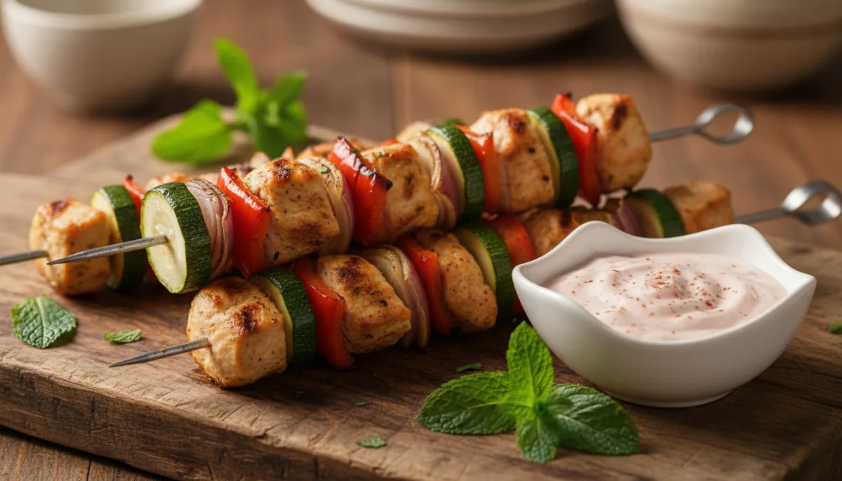 Brochettes de Poulet et Légumes Kurdes avec Sauce au Yaourt et Sumac