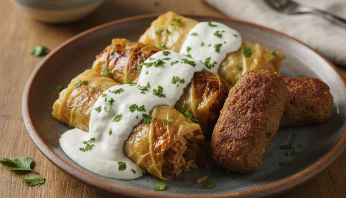 Kurdische Kohlrouladen mit Kofta-Reis-Füllung und Joghurtsauce