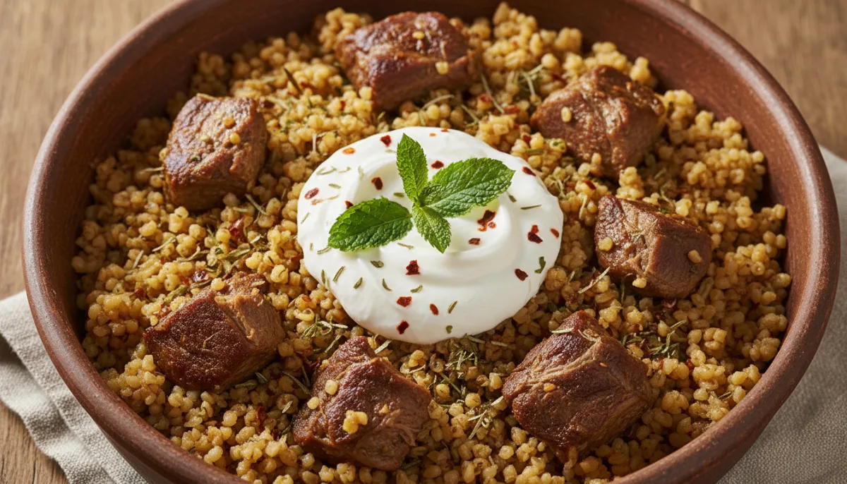 Pilaf Kurd me Mish Qengji dhe Bulgur me Salcë Kosi