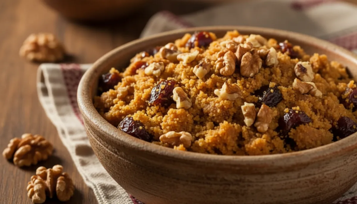 Halwa Curdo Qudrat com Tâmaras, Sêmola e Nozes Tostadas