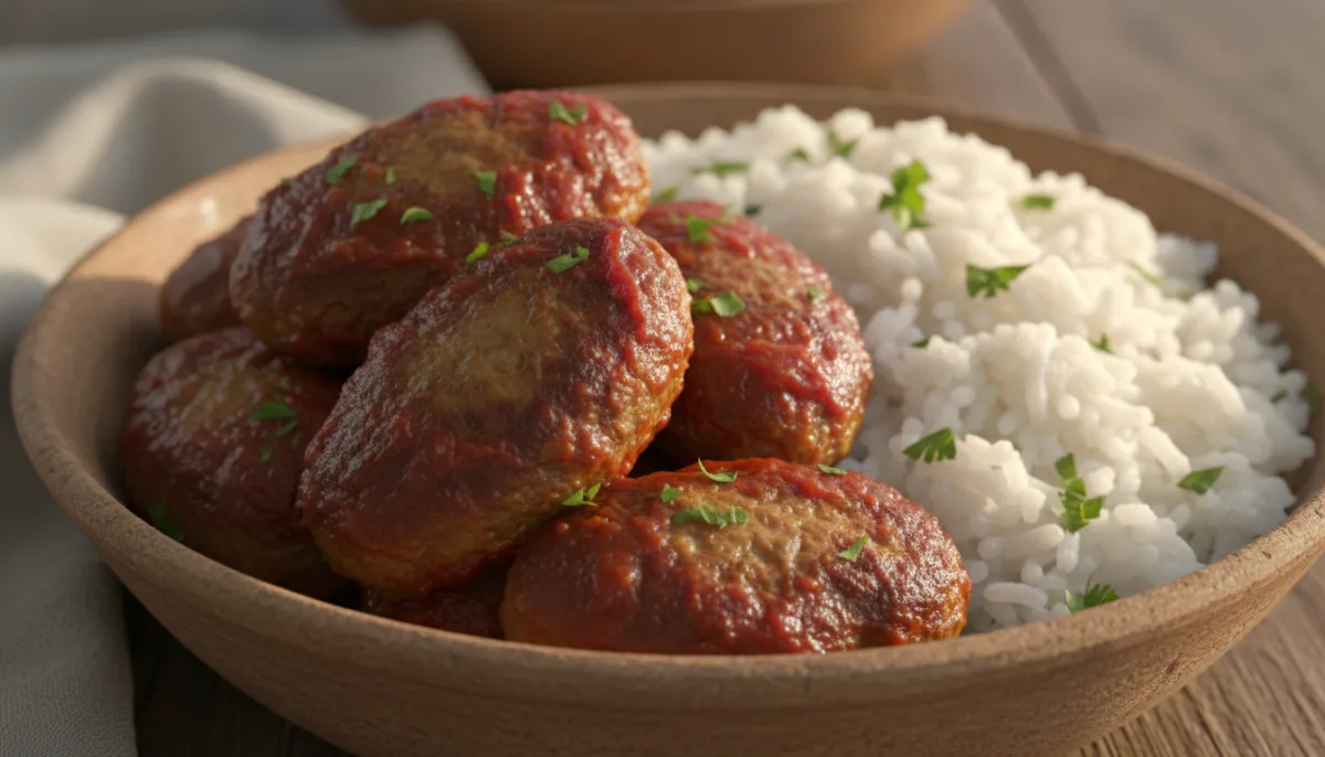 Kurdish Shifta (Meatball Patties) with Tomato Sauce and Rice