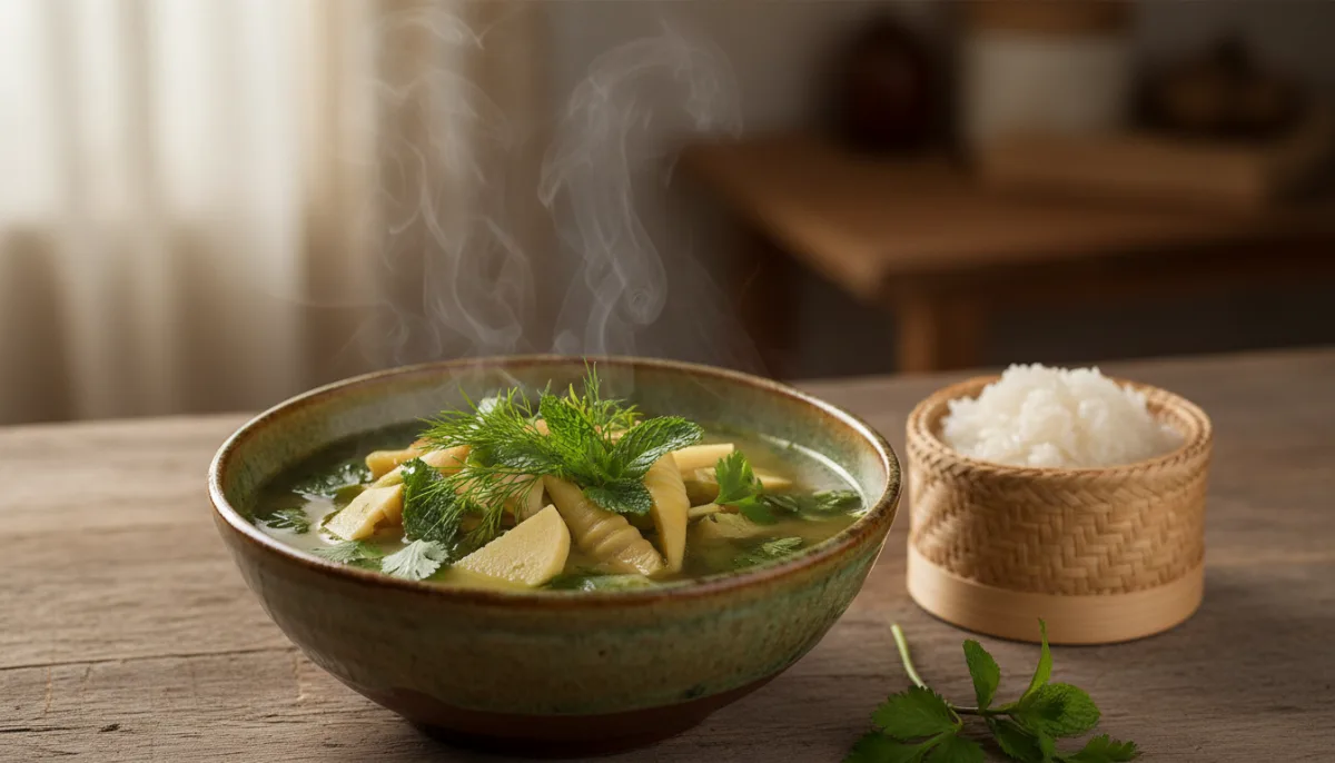 Laotian Bamboo Shoot Soup with Fermented Fish Sauce and Herbs (Kaeng Nor Mai)