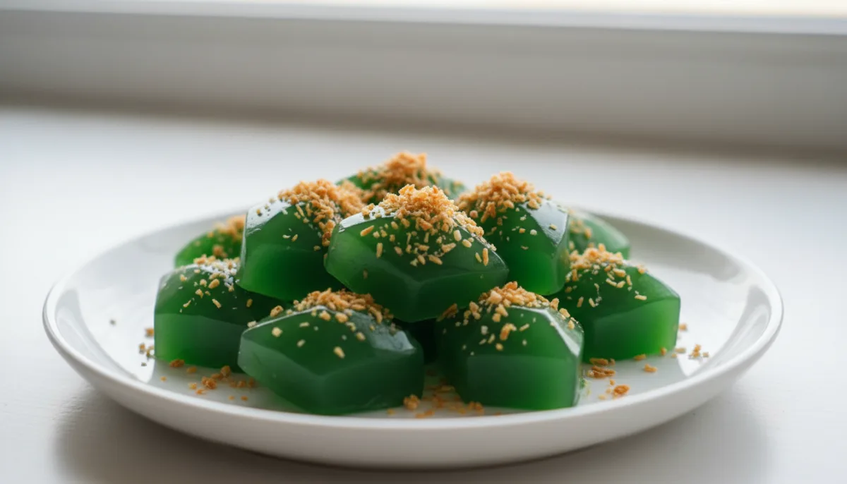 Laotian Coconut and Pandan Jelly with Toasted Coconut Flakes