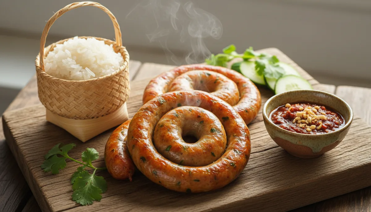 Laotian Fermented Pork Sausage with Sticky Rice and Chili Dip (Sai Oua)