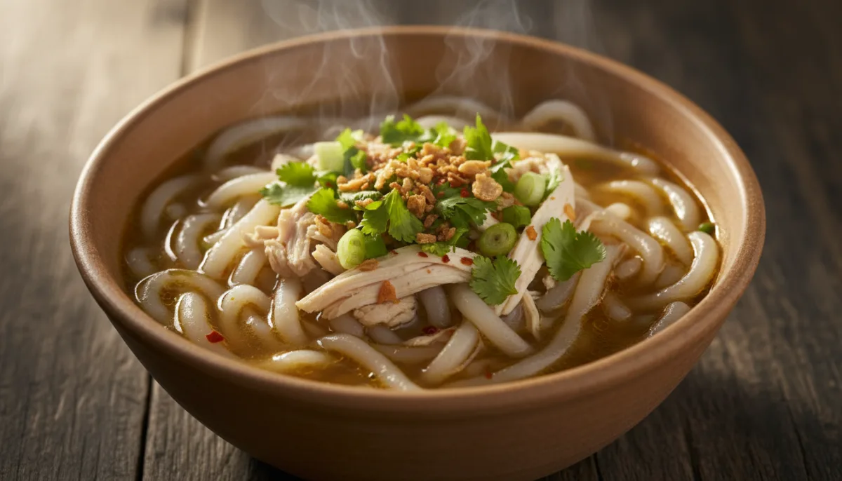 Laotian Khao Piak Sen (Noodle Soup) with Chicken and Herbs