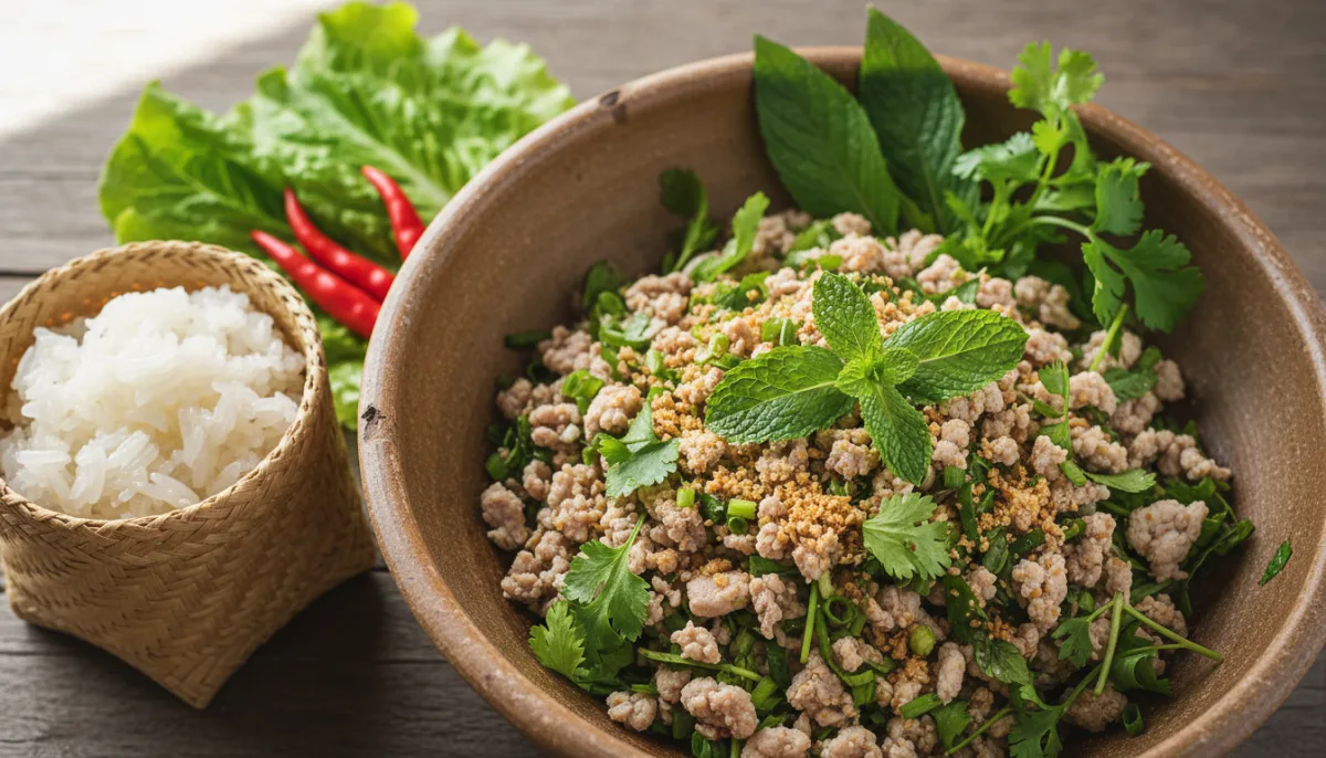 Laotian Minced Pork and Herb Salad with Toasted Rice Powder (Lar Gai)