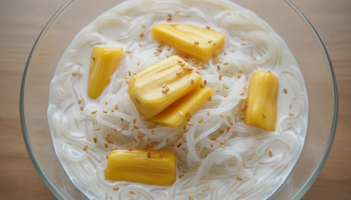 Laotian Nam Wan (Sweet Vermicelli Dessert) with Jackfruit and Coconut Cream