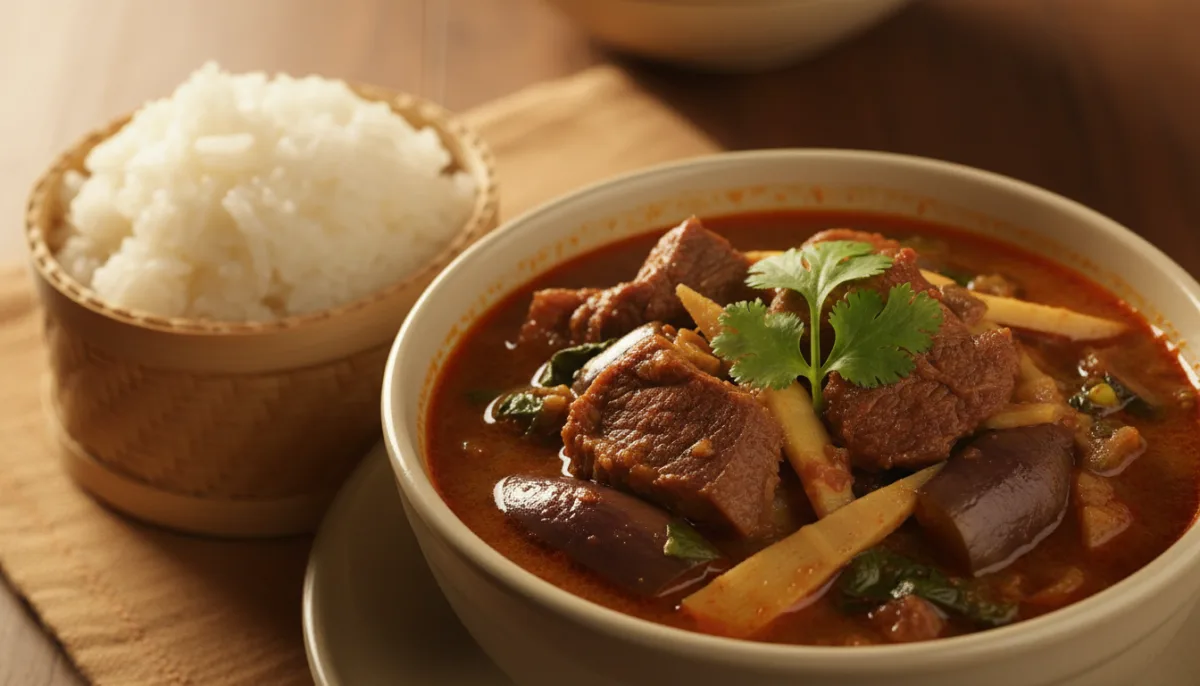 Laotian Or Lam: Spicy Beef and Eggplant Stew with Sticky Rice