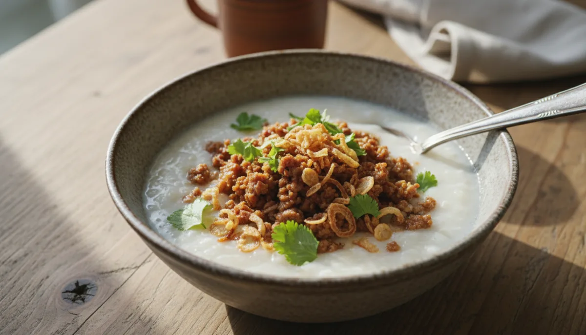 Hearty Laotian Rice Porridge with Pork and Fresh Herbs (Khao Piak Khao)