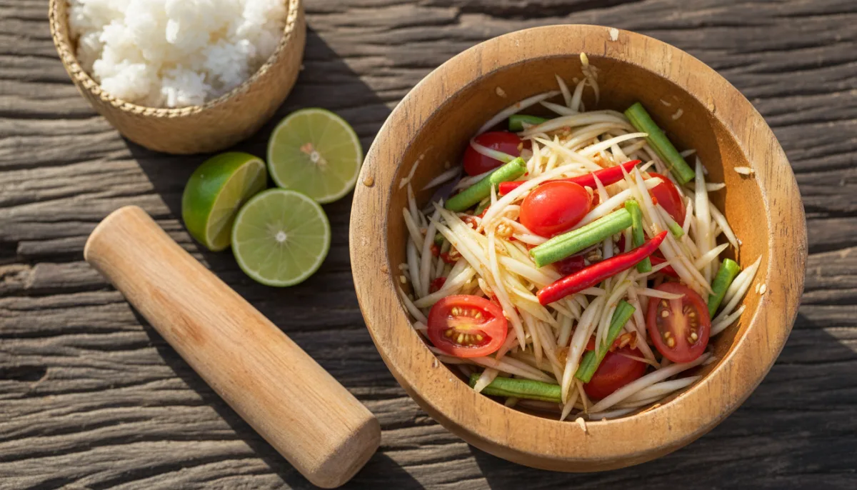 Authentic Laotian Green Papaya Salad with Fermented Fish Sauce