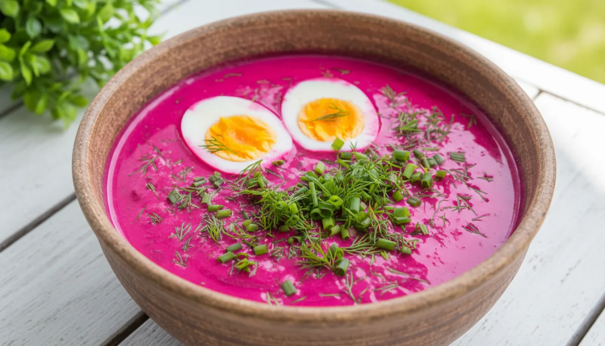Latvian Aukstā Zupa (Cold Beet Soup) with Hard-Boiled Eggs and Fresh Herbs