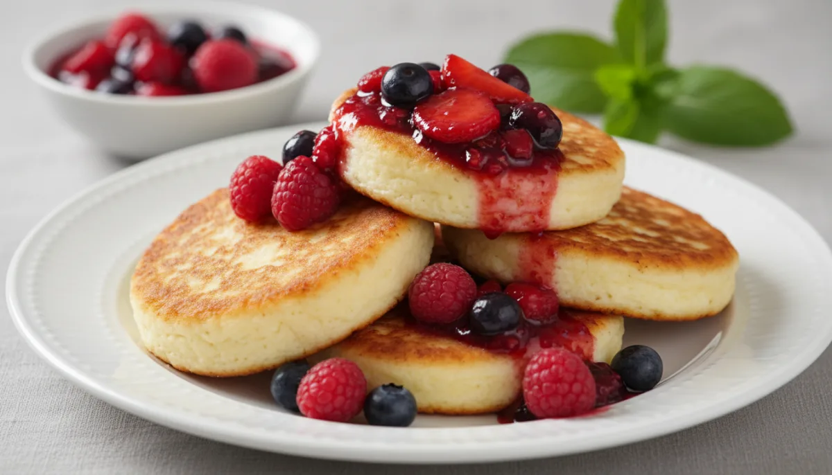 Latvian Biezpiena Plācenīši: Sweet Curd Cheese Pancakes with Fruit Compote