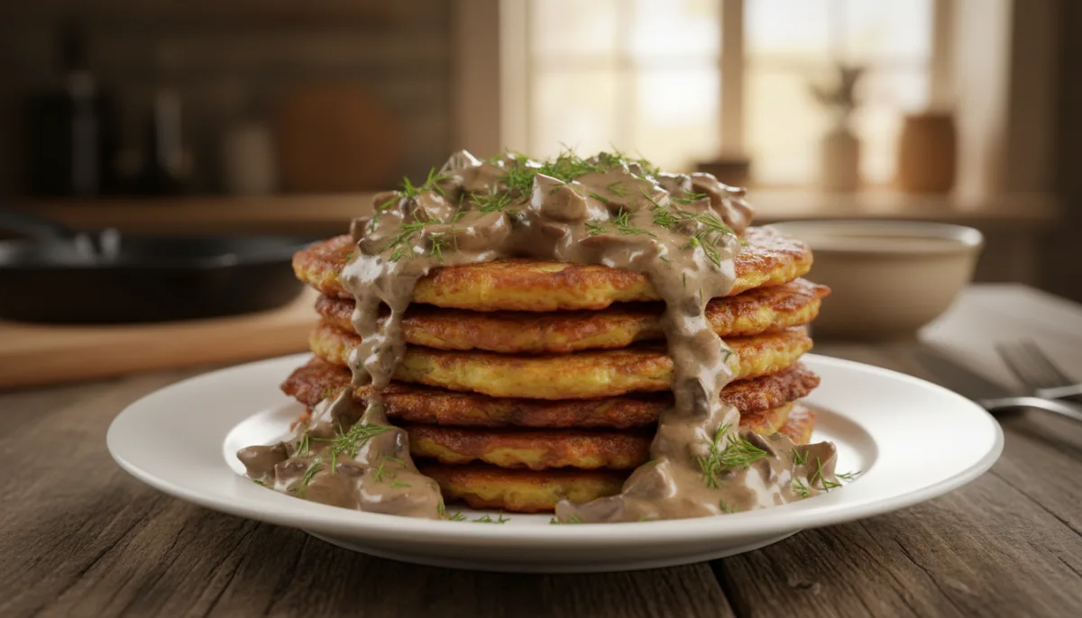 Latvian Kartupeļu Pankūkas ar Sēņu Mērci: Potato Pancakes with Mushroom Sauce