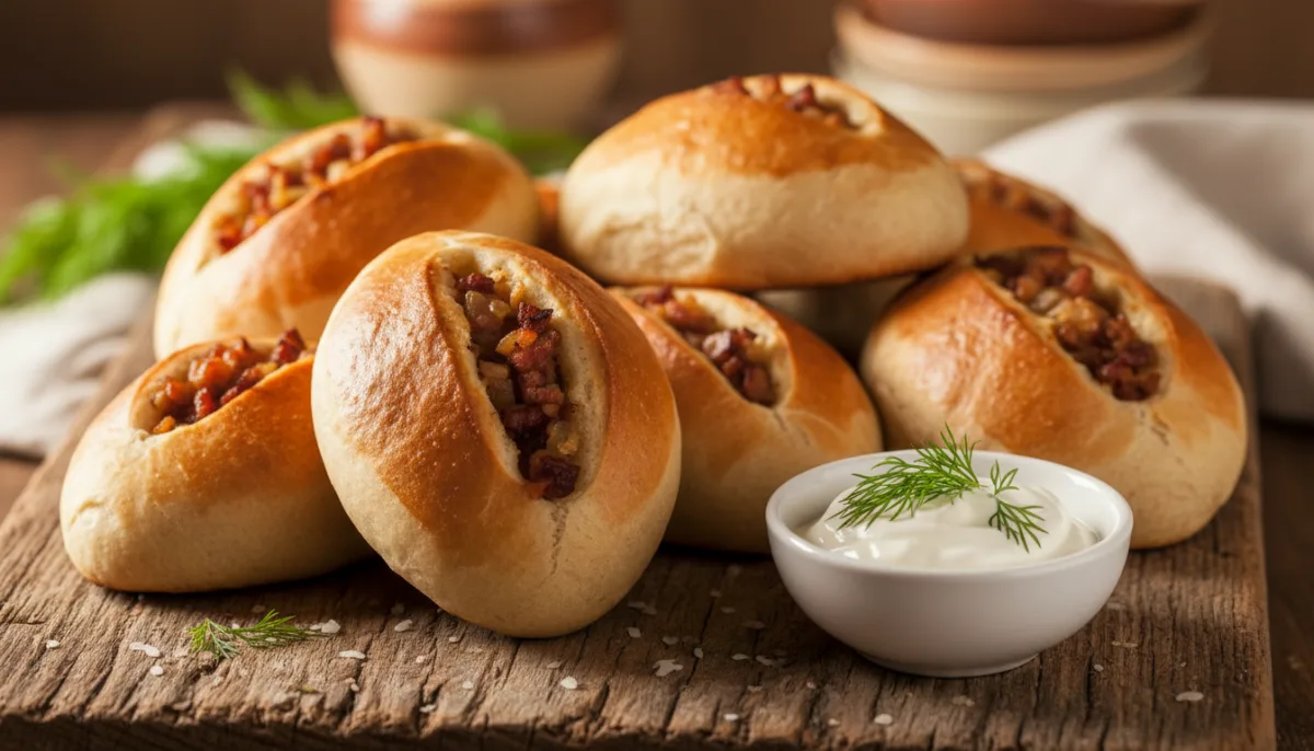 Herzhafte lettische Piragi: Speck-Zwiebel-Brötchen mit Dill-Sauerrahm