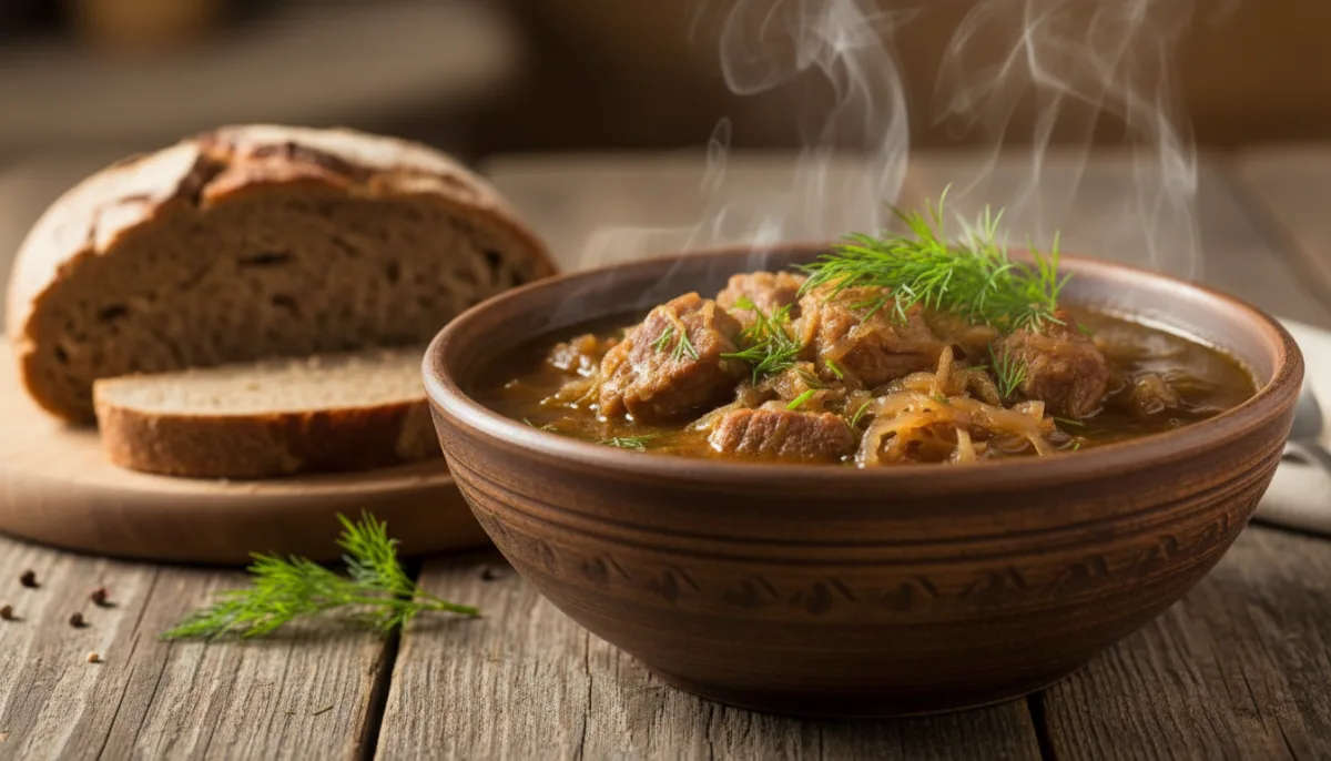 Latvian Pork and Sauerkraut Stew (Skābētu Kāpostu Zupa) with Dill